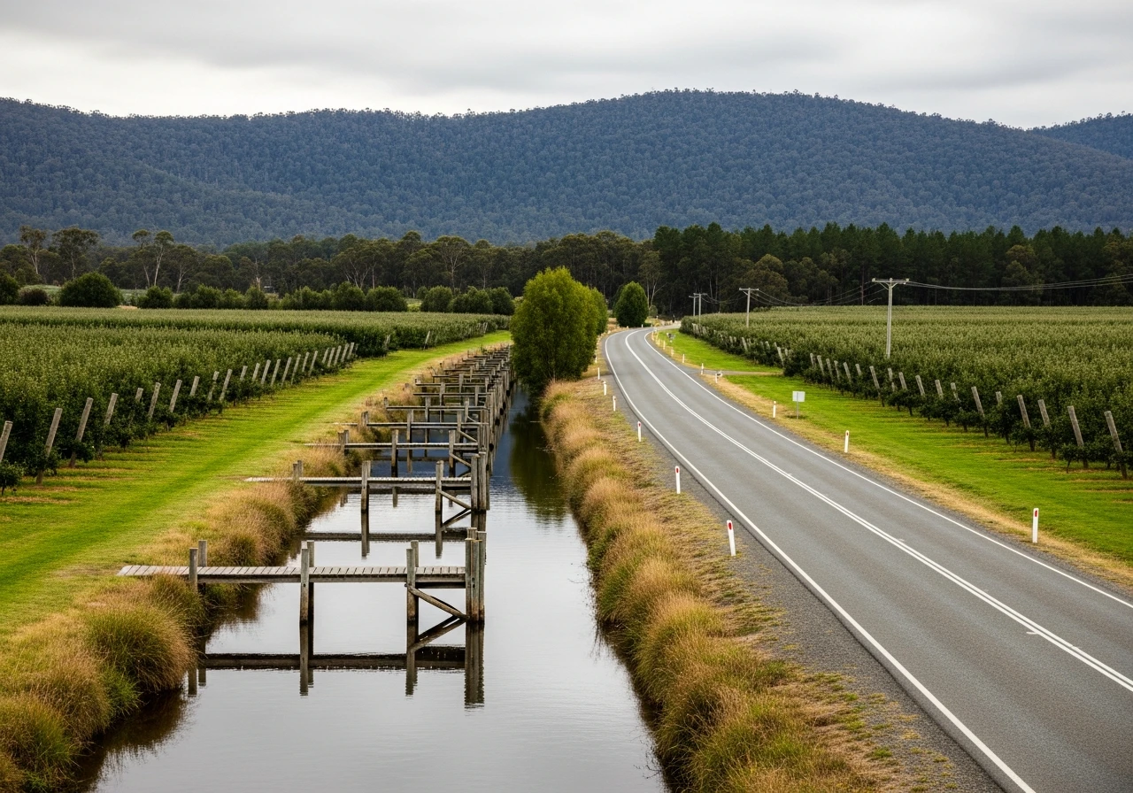 The Huon River road through working apple country