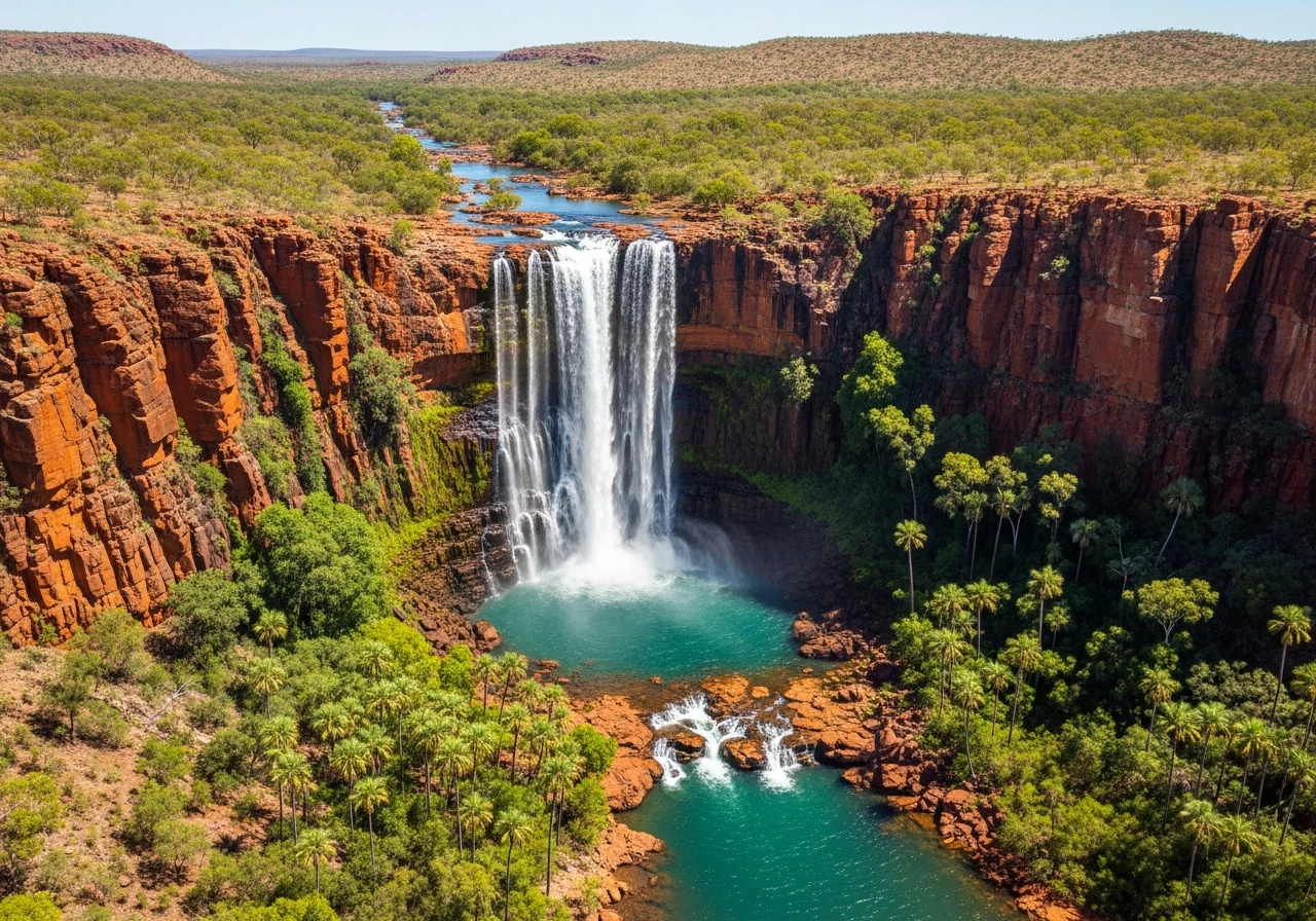 Mitchell Falls from the air - four tiers of Kimberley sandstone
