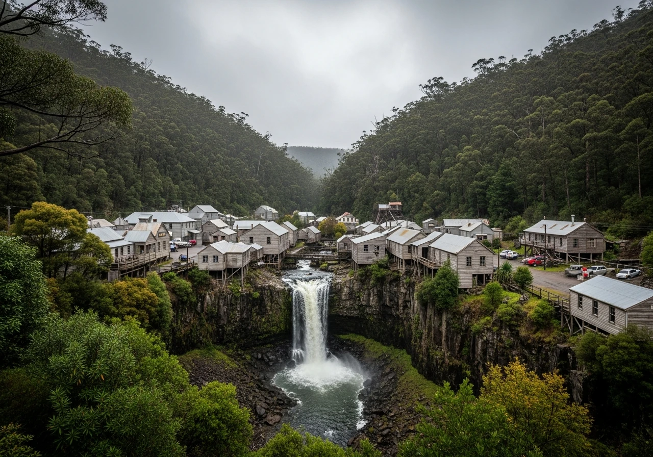 Waratah - mining town with a waterfall in the centre