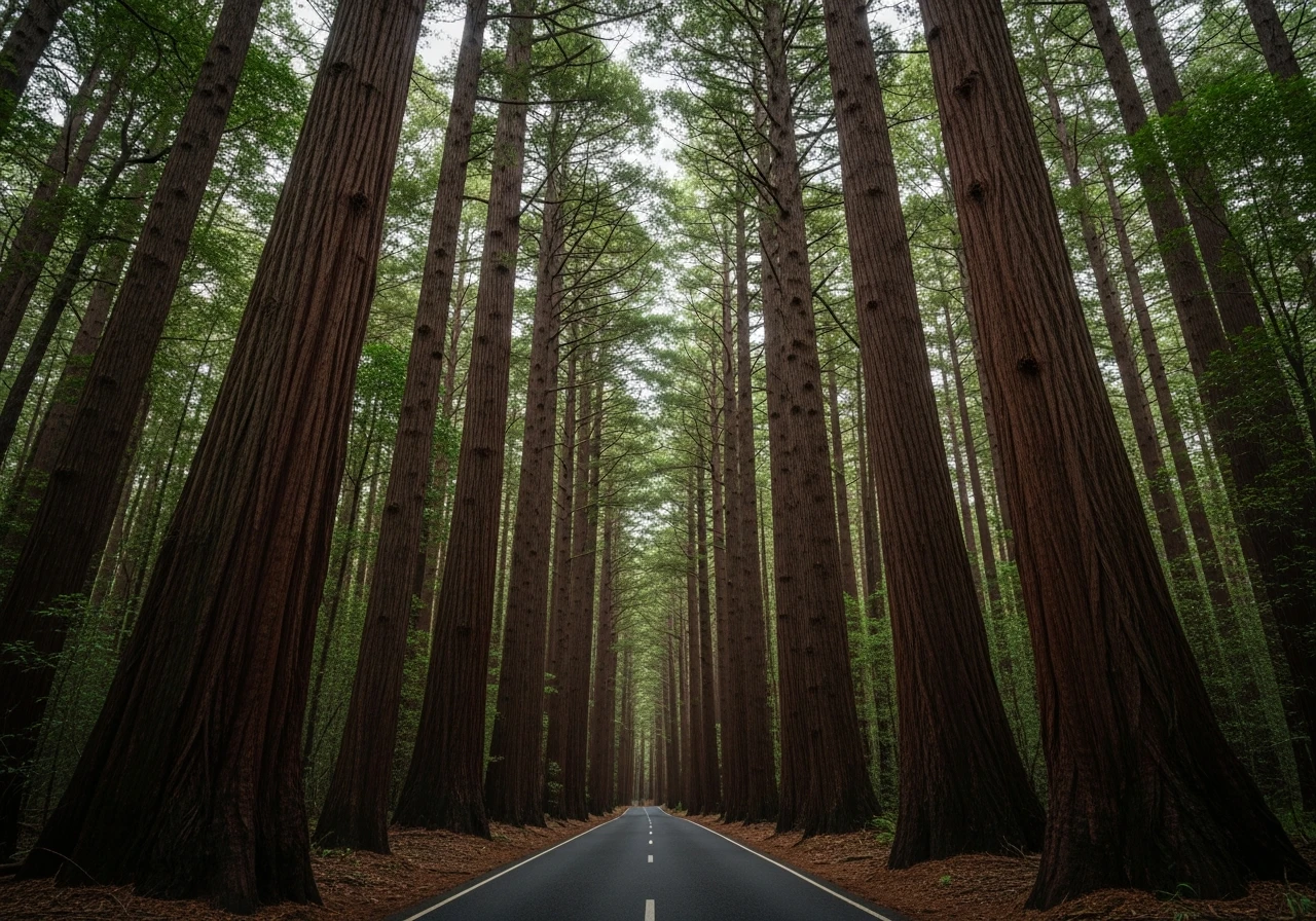 Narrow sealed road under old-growth karri near Big Brook Dam